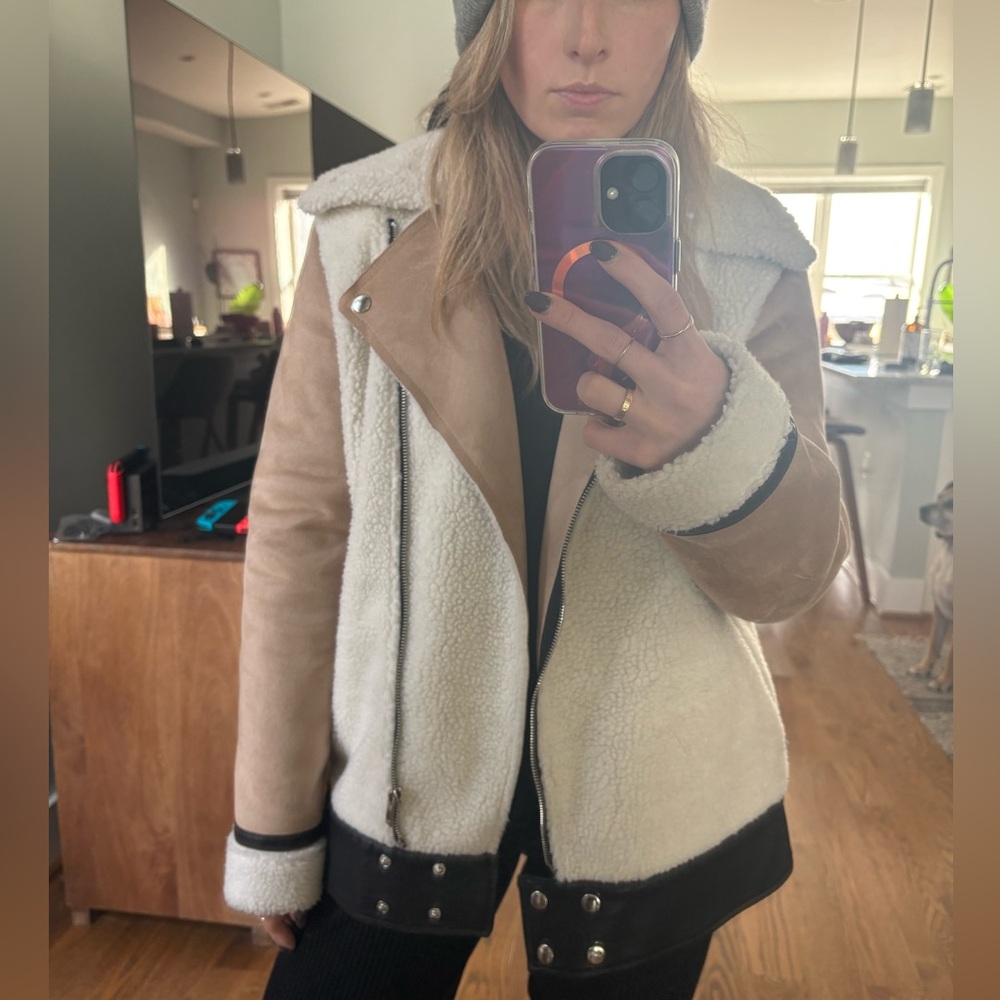 Aqua shearling and faux suede moto jacket